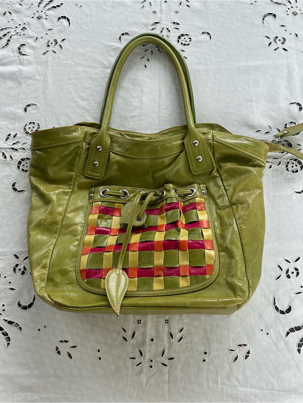 Olive Green Woven Leather Leaf Tote
